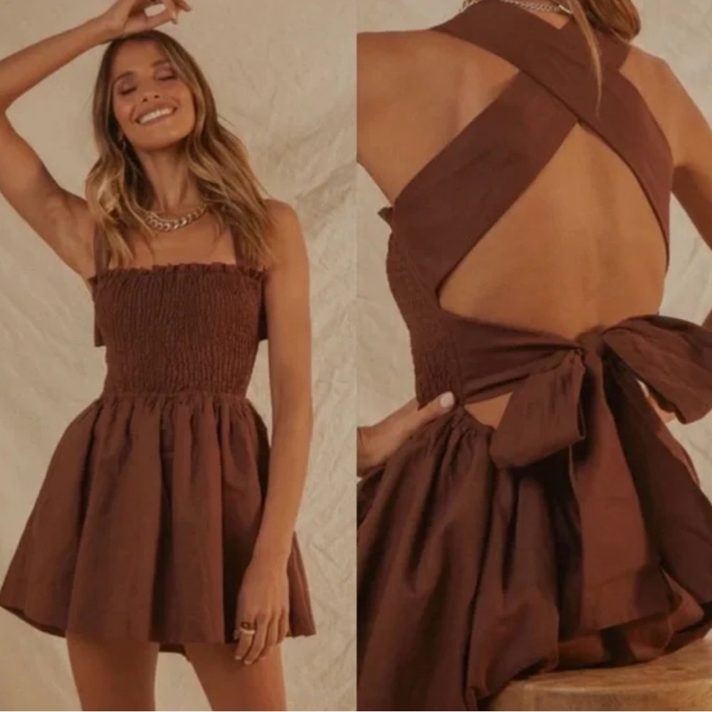 Peppermayo European Towns Linen Mini Dress - Choc Brown - US 2